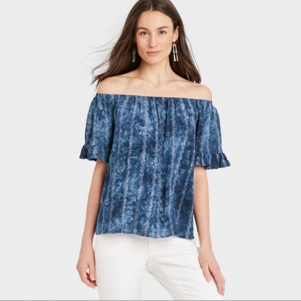 Knox Rose Off the Shoulder Floral Embroidered Eyelet Blouse Blue Size Medium